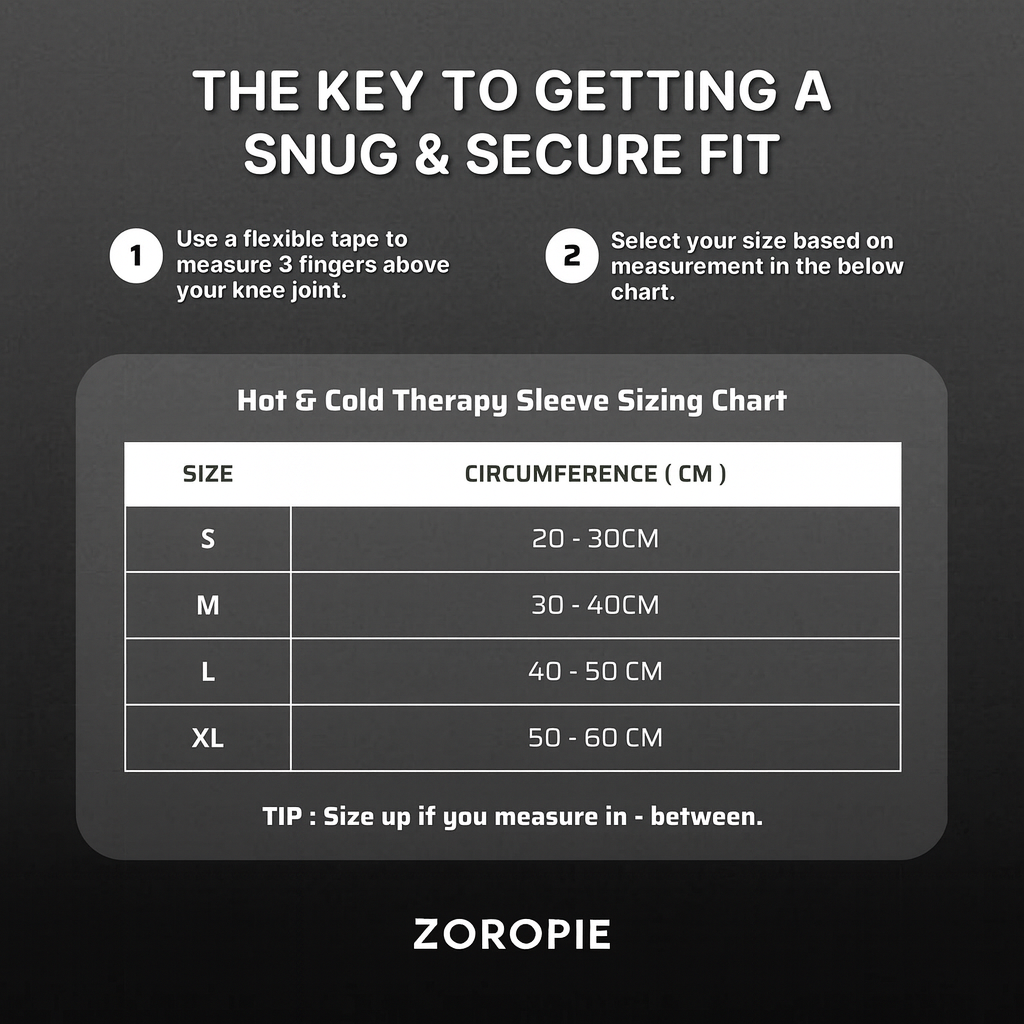 Zoropie hot and cold therapy sleeve sizing chart on a black background