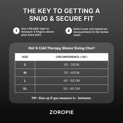 Zoropie hot and cold therapy sleeve sizing chart on a black background
